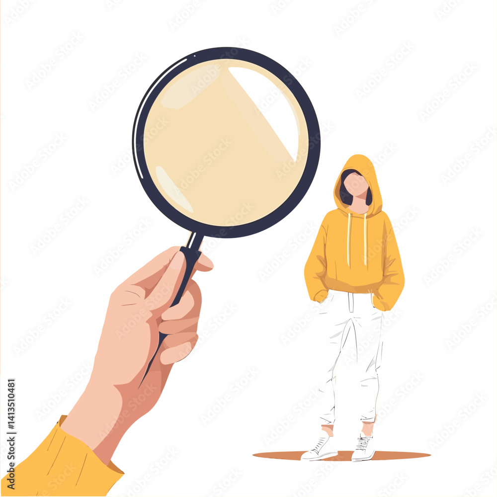 The image of a magnifying glass scaling up a female character represents the HR management's hunt for a new employee The image of a magnifying glass scaling up a female character represents the HR management's hunt for a new employee