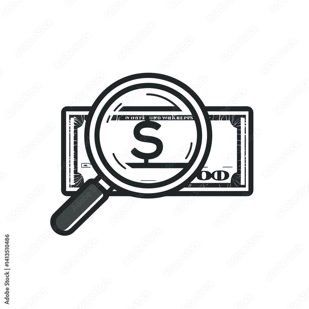 A magnifying glass icon is used to check dollar bank bills and other currencies for authenticity, detecting counterfeit money, represented by a thin line web symbol on a white background in a modern A magnifying glass icon is used to check dollar bank bills and other currencies for authenticity, detecting counterfeit money, represented by a thin line web symbol on a white background in a modern