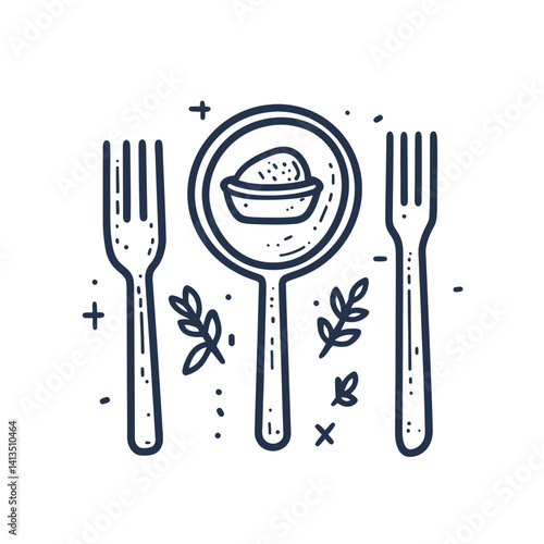A fork viewed under a magnifying glass signifies the scrutiny of culinary details