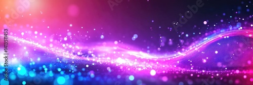 Abstract background with vibrant pink  purple  and blue glowing particles forming a wave-like pattern.  Shimmering bokeh lights add depth and magical feel