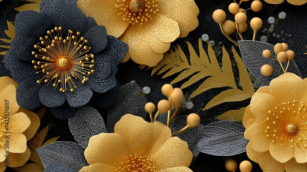 Elegant floral pattern featuring golden and black tones with intricate flowers and leaves for decorative use : Generative AI