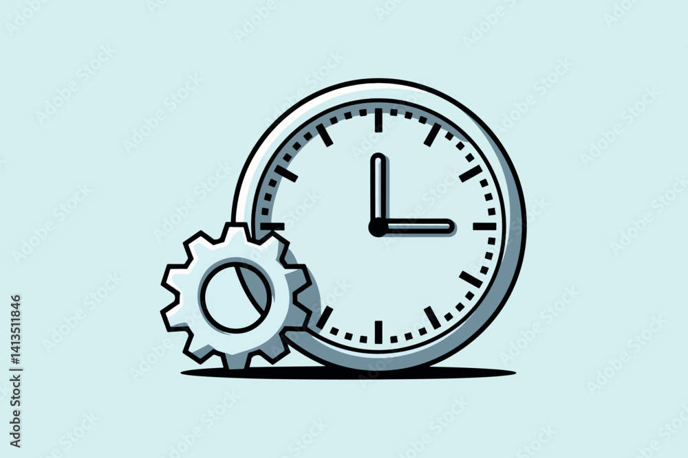 Clock next to a gear, time management and business concept