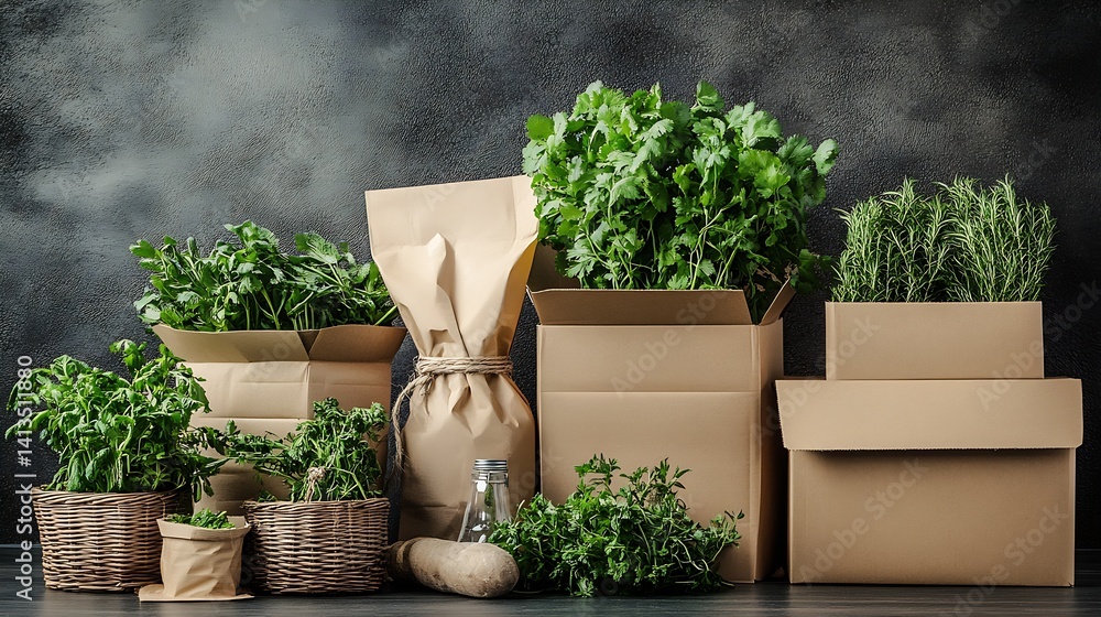 Variety of fresh organic herbs and greenery displayed in eco-friendly packaging on a textured surface : Generative AI