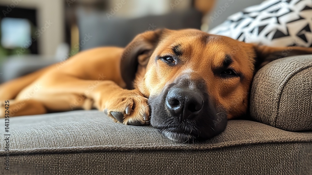 Relaxed dog lying comfortably on a cozy couch looking peaceful and content in a home environment : Generative AI