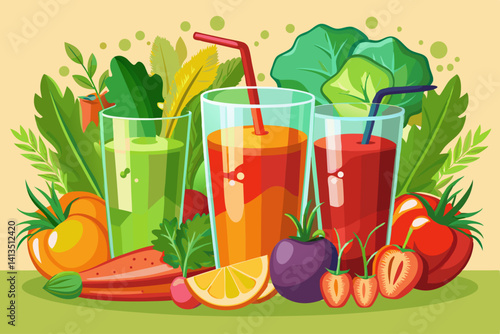vector of Fresh vegetable juice in transparent glasses, vivid colors and healthy ingredients