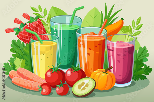 vector of Fresh vegetable juice in transparent glasses, vivid colors and healthy ingredients