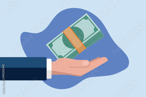 Vector illustration of a hand holding a bunch of money notes, concept of finance and wealth