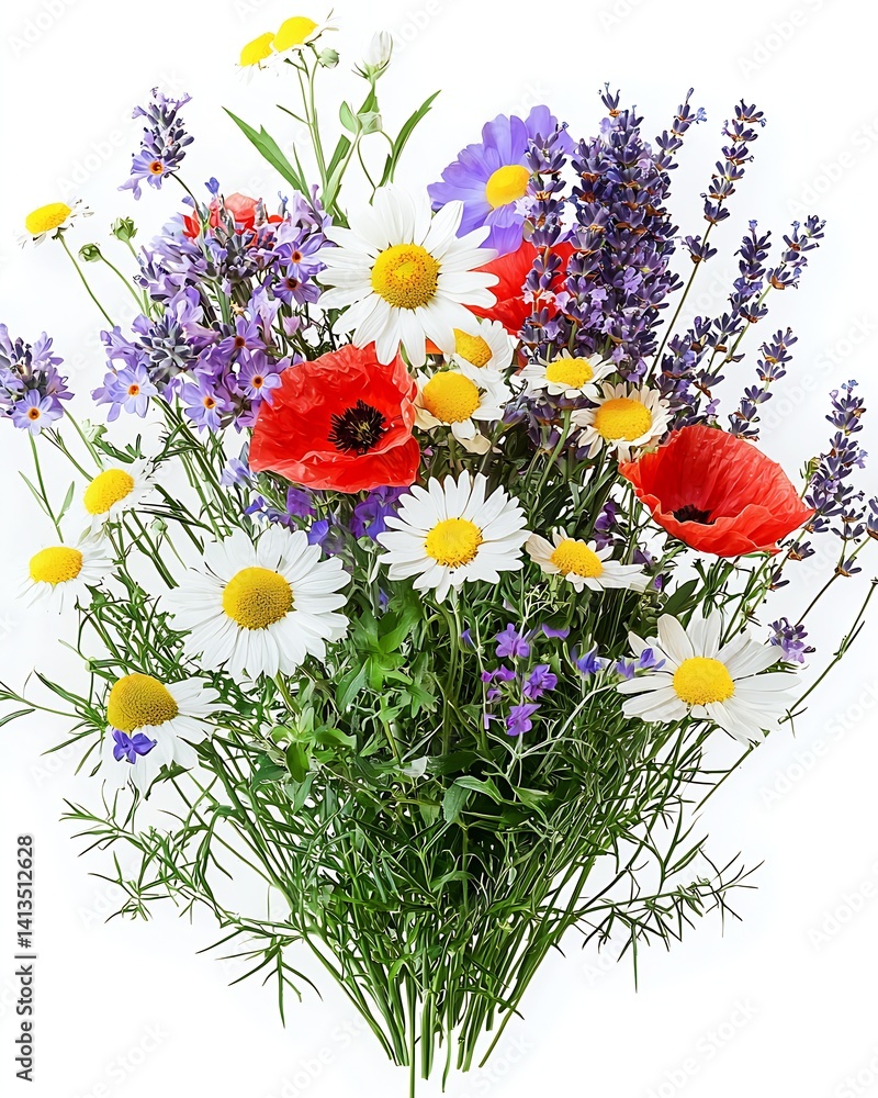 Vibrant and colorful wildflower bouquet featuring daisies and lavender for decorative purposes : Generative AI