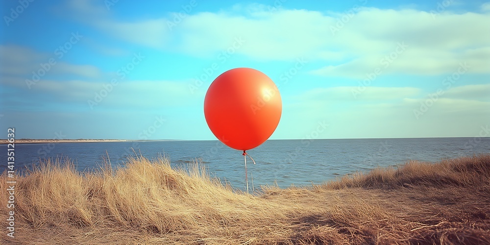 Vivid red balloon floating gracefully above grassy dunes with a scenic ocean view under a bright blue sky : Generative AI