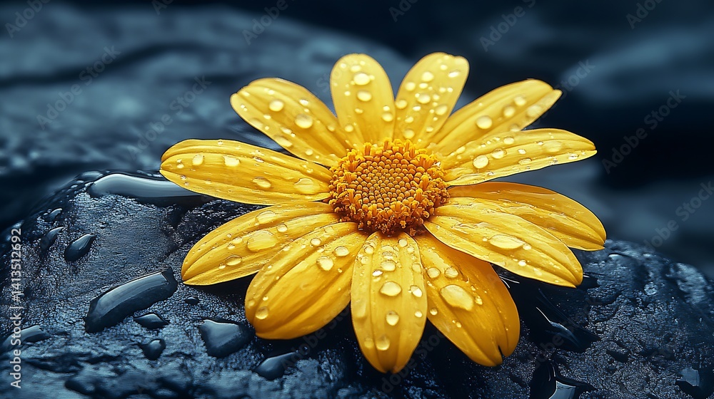Beautiful yellow flower with raindrops resting on a rock surface showcasing nature's vibrant colors : Generative AI