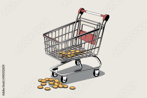 Shopping cart with a pile of coins on the floor, business and shopping concept