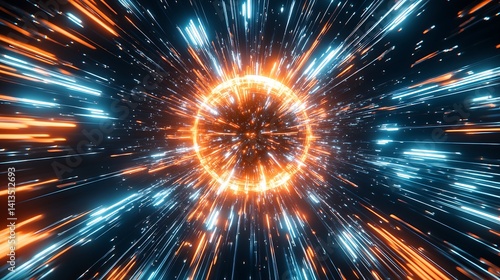 Stunning cosmic explosion visualizing bright streaks of energy in orange and blue radiating from a central glowing sphere : Generative AI