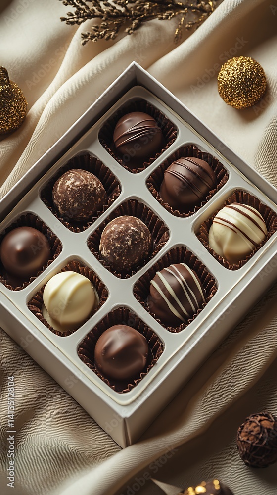 Delicious assorted chocolate truffles in a box on a soft golden cloth : Generative AI