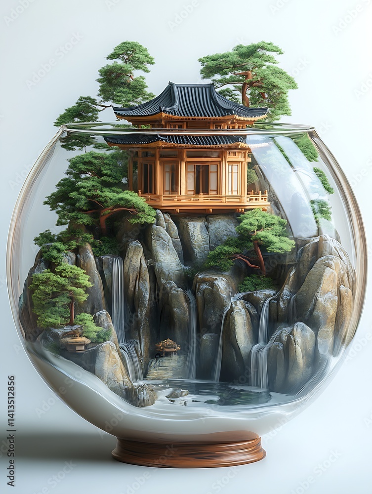 Beautifully Crafted Glass Terrarium with Traditional Asian Architecture and Lush Landscape : Generative AI
