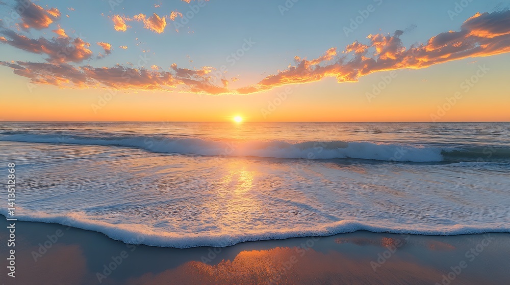 Breathtaking sunset over calm ocean waves reflecting vibrant colors and serene atmosphere : Generative AI
