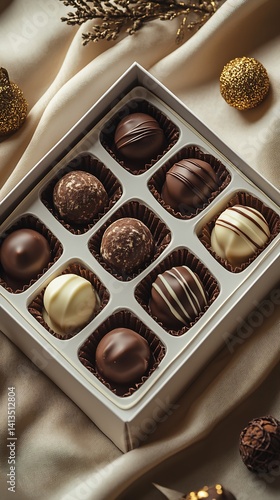 Delicious assorted chocolate truffles in a box on a soft golden cloth : Generative AI