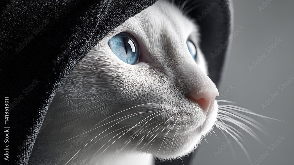 Close up portrait of a white cat wearing a black hoodie showcasing bright blue eyes : Generative AI