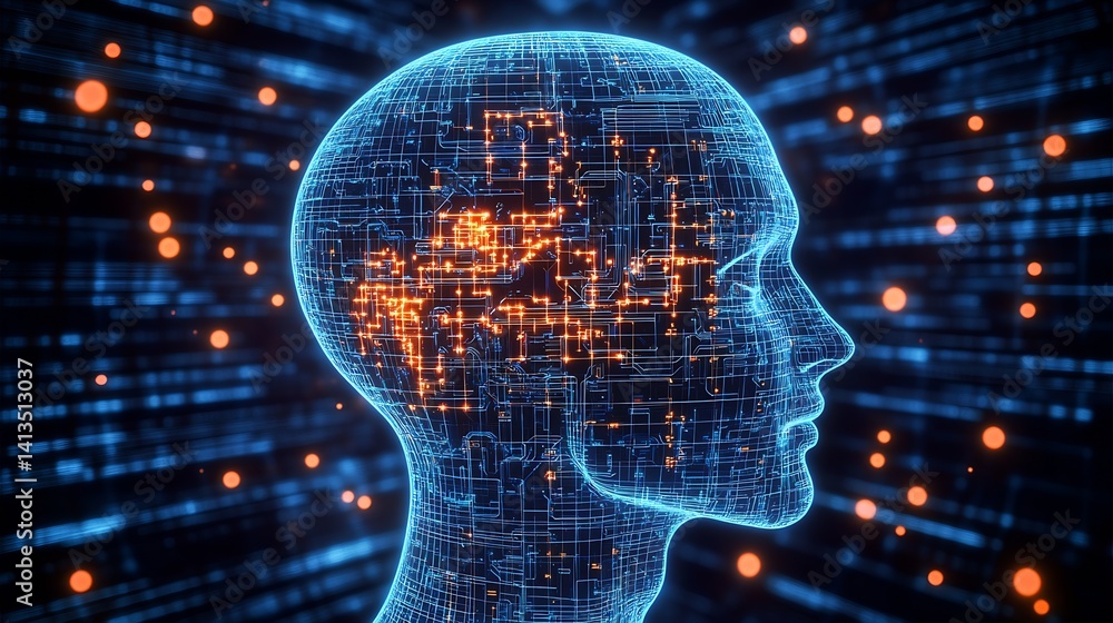 Futuristic digital illustration of a human head profile designed with intricate circuitry and glowing lights : Generative AI
