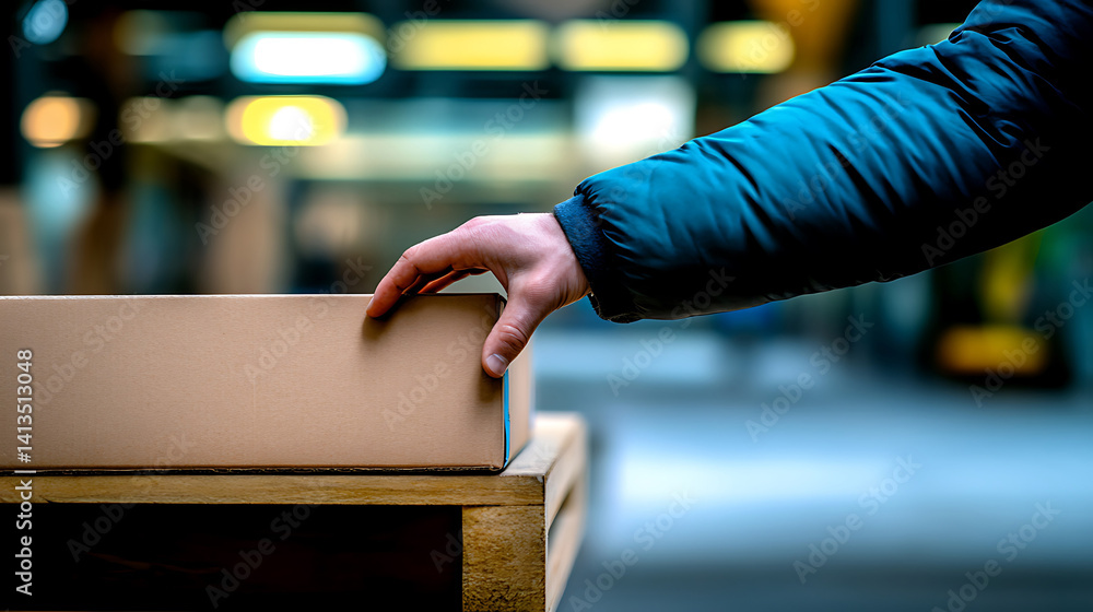 Hand reaching for a cardboard box on a wooden pallet in a warehouse with blurred lighting.