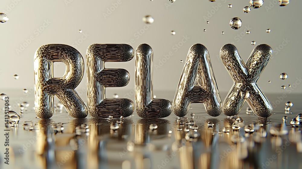 Stylized water droplets capturing the essence of relaxation with the word relax in clear bold letters : Generative AI