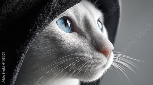 Obraz na płótnie Close up portrait of a white cat wearing a black hoodie showcasing bright blue eyes : Generative AI w salonie