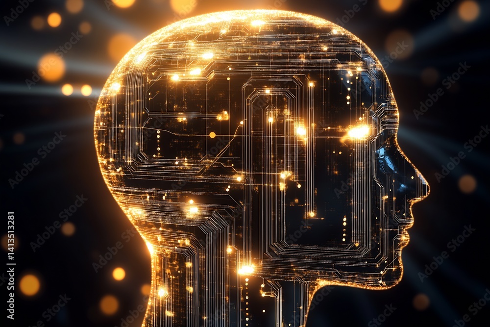 Futuristic Profile of a Digital Human Brain with Glowing Circuits Representing Thought : Generative AI