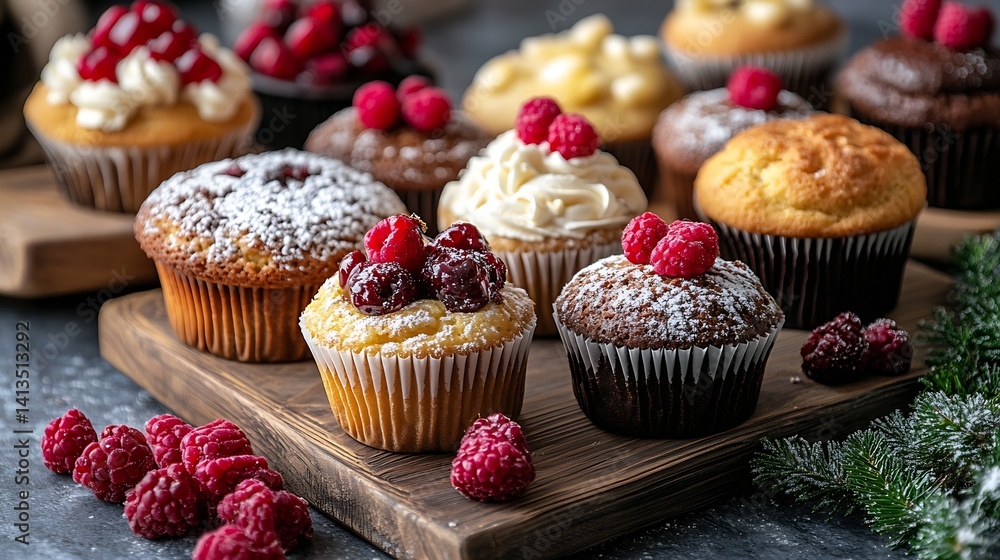 Delicious assortment of gourmet cupcakes topped with raspberries and cream displayed on a wooden platter : Generative AI
