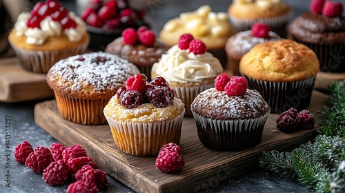 Obraz na płótnie Delicious assortment of gourmet cupcakes topped with raspberries and cream displayed on a wooden platter : Generative AI w salonie