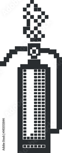 A simple pixel art illustration of a fire extinguisher with smoke indicating use in emergencies.