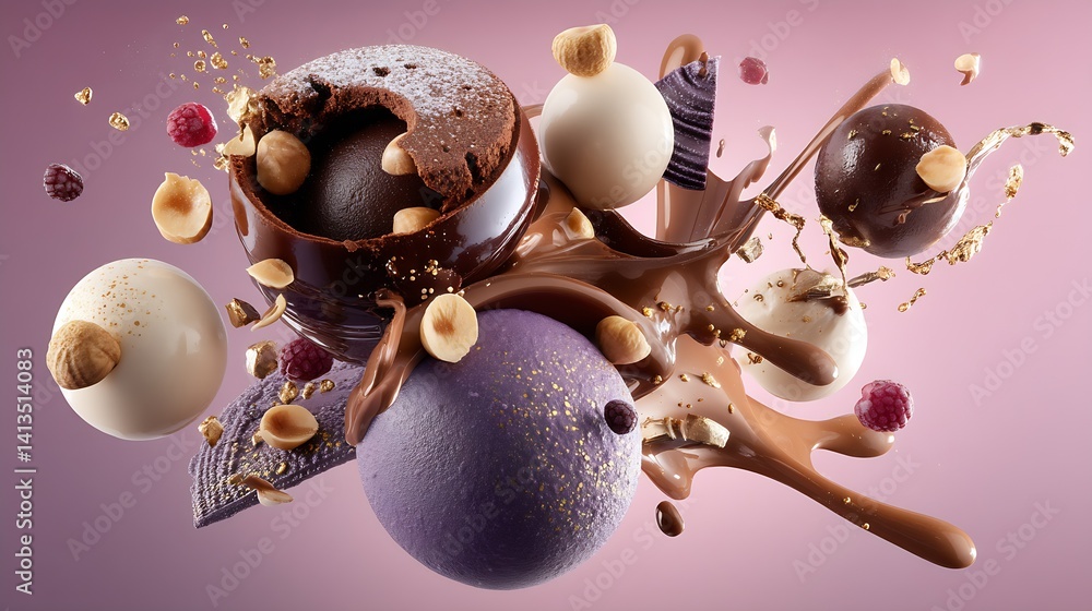 Delicious chocolate and dessert explosion featuring a variety of sweets on a vibrant background : Generative AI