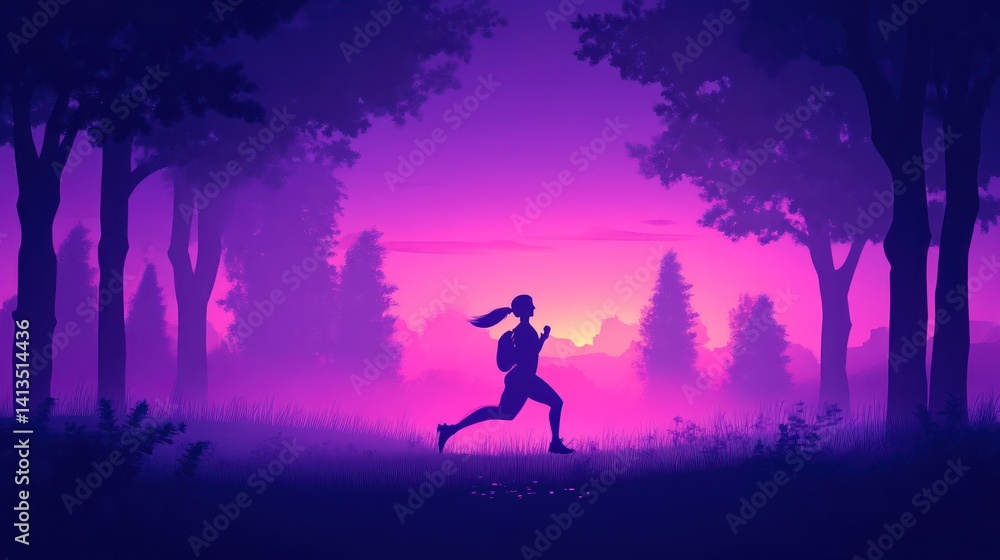 Fototapeta premium Silhouette of a runner in a serene forest at twilight surrounded by vibrant purple and pink hu