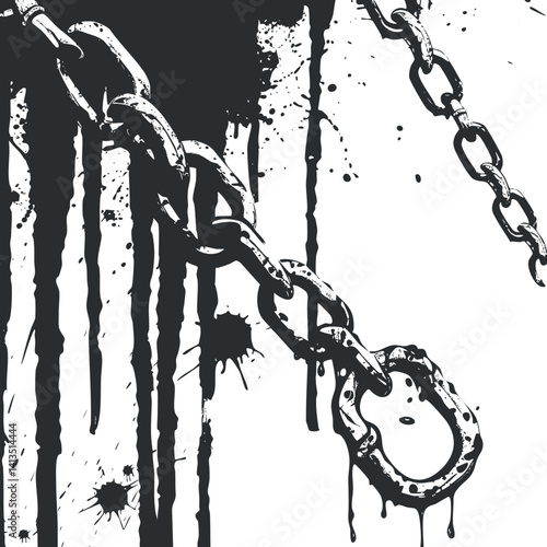 Illustration of a broken chain with splattered ink, symbolizing struggle and freedom.