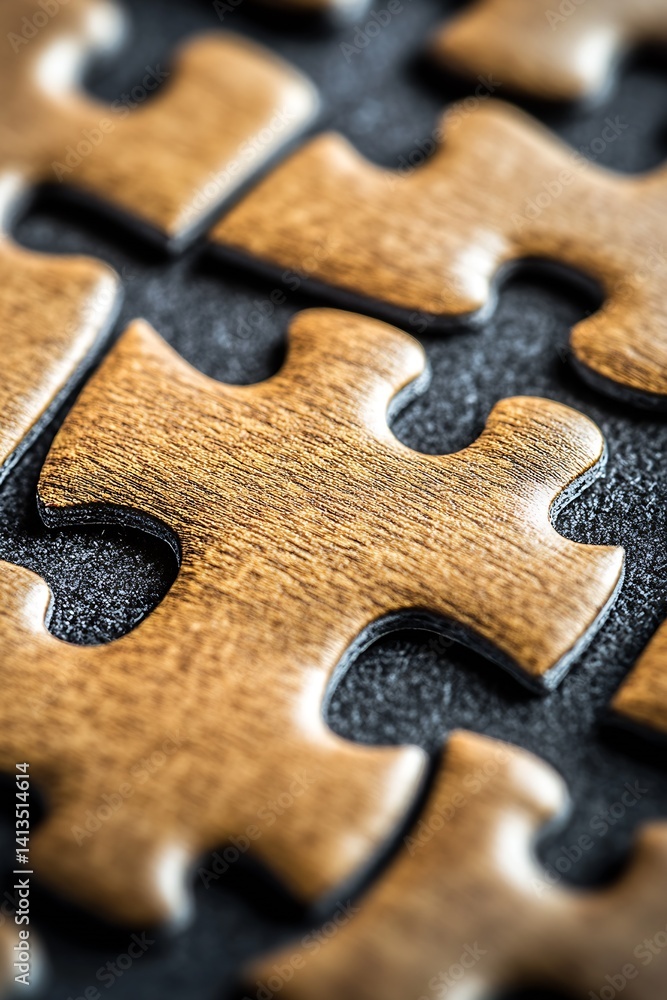 Close-up view of wooden puzzle pieces arranged on a dark surface emphasizing texture and detail : Generative AI