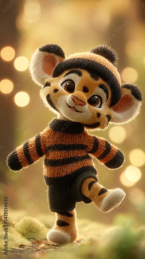 Cute and charming cartoon tiger character in a playful pose wearing stylish clothes against a blurred background : Generative AI