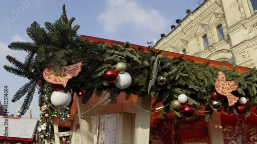 Christmas decorations adorning a festive market stall in red square, Moscow. Action