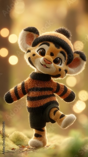 Obraz na płótnie Cute and charming cartoon tiger character in a playful pose wearing stylish clothes against a blurred background : Generative AI w salonie