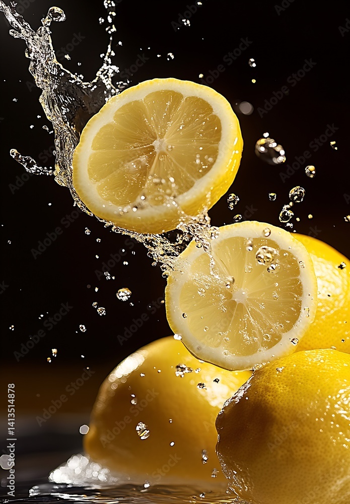 Fresh lemons splashing in water with droplets highlighting their juicy texture and vibrant yellow color : Generative AI