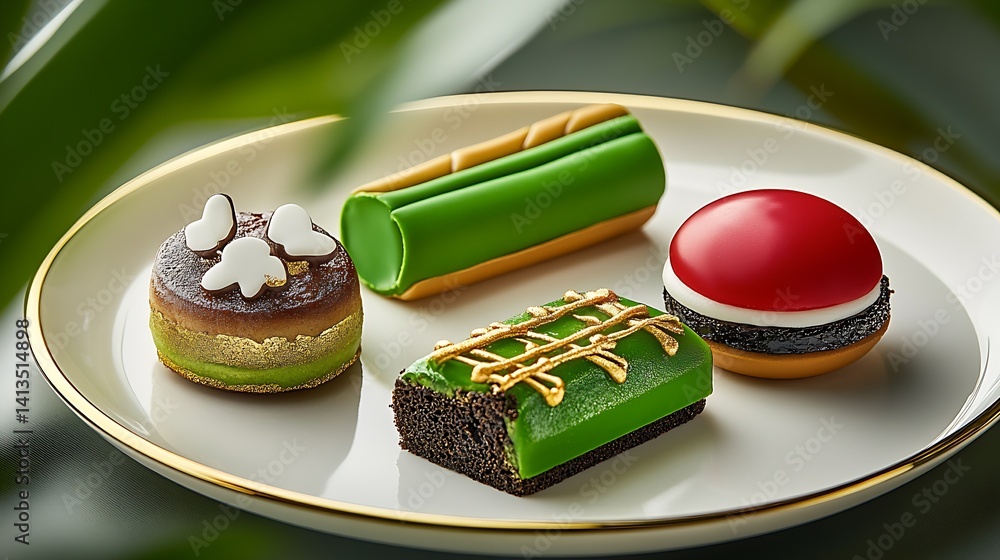 Artfully detailed pastries arranged on a plate with vibrant colors and playful designs : Generative AI
