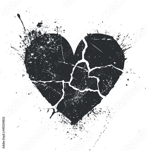 A grunge style illustration of a broken heart with splashes and cracks.