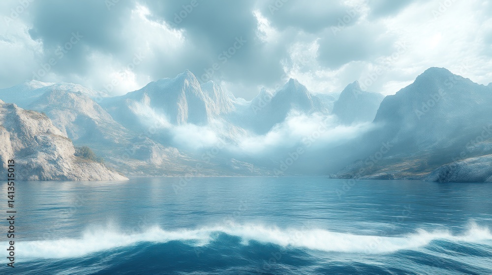 Fototapeta premium Misty Mountain Lake Landscape Calm Water Dramatic Peaks Serenity Nature Background