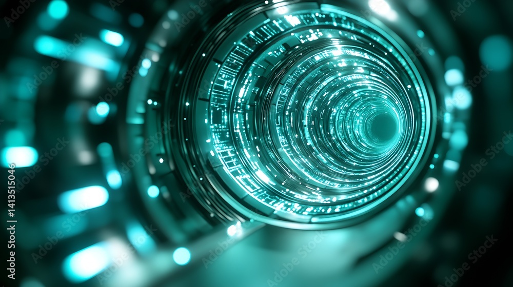 Futuristic glowing tunnel showcasing intricate digital designs and bright cyan lights in a mesmerizing view : Generative AI
