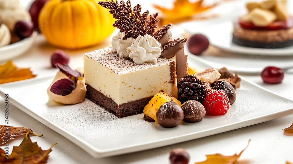 Delicious Chocolate Dessert with Fruits and Toppings Captured in Autumn Themed Cuisine Presentation : Generative AI