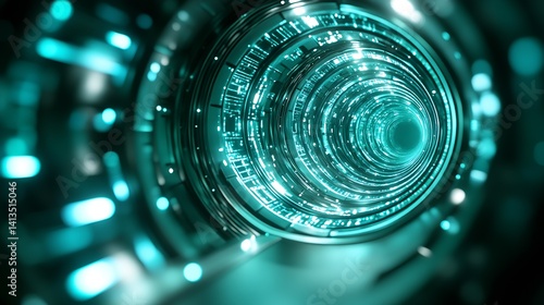 Obraz na płótnie Futuristic glowing tunnel showcasing intricate digital designs and bright cyan lights in a mesmerizing view : Generative AI w salonie