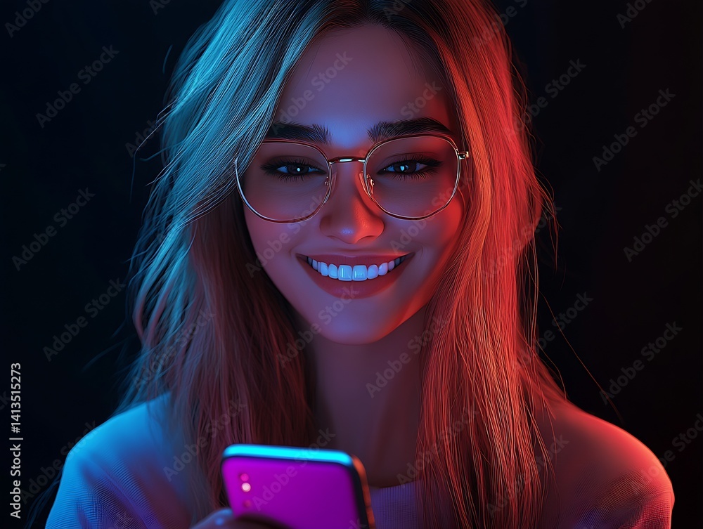 Close up portrait of a smiling woman using a smartphone with a modern and vibrant lighting background : Generative AI