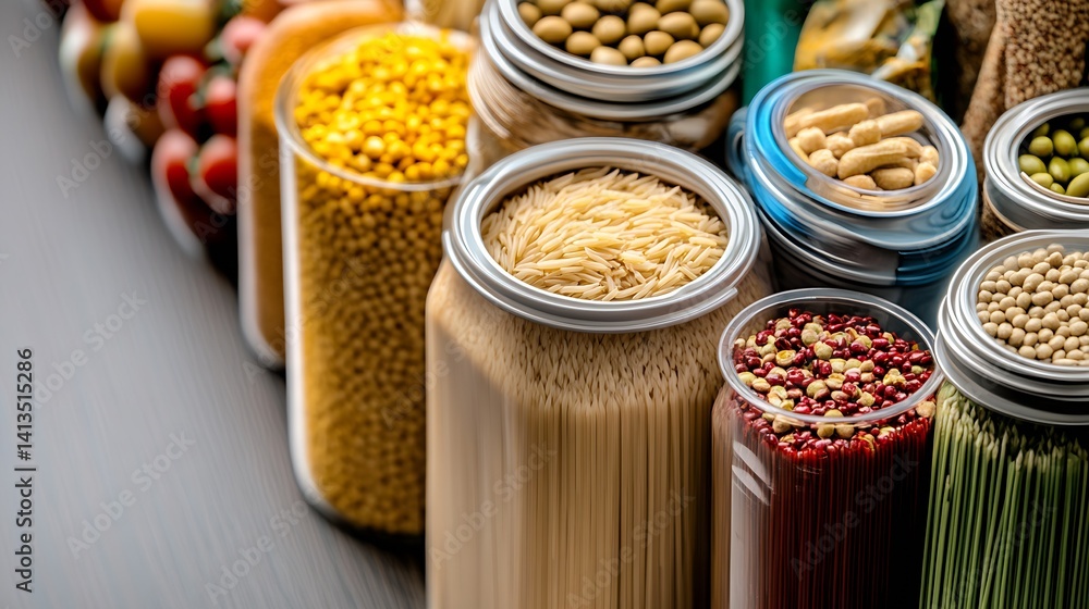 Variety of Colorful Dried Grains and Legumes Arranged in Jars for Healthy Cooking : Generative AI