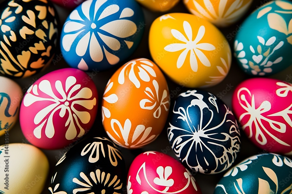 Colorful Easter eggs with intricate floral designs arranged in an artistic pattern for festive celebrations : Generative AI