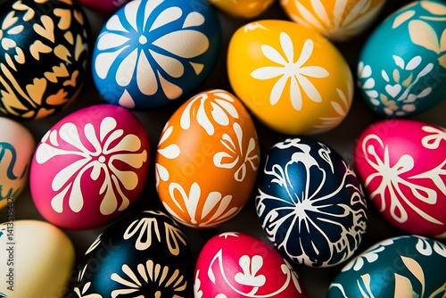 Obraz na płótnie Colorful Easter eggs with intricate floral designs arranged in an artistic pattern for festive celebrations : Generative AI w salonie