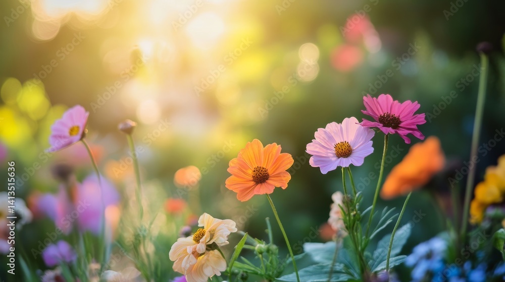 Vibrant garden flowers in a serene morning setting Vibrant garden flowers in a serene morning setting