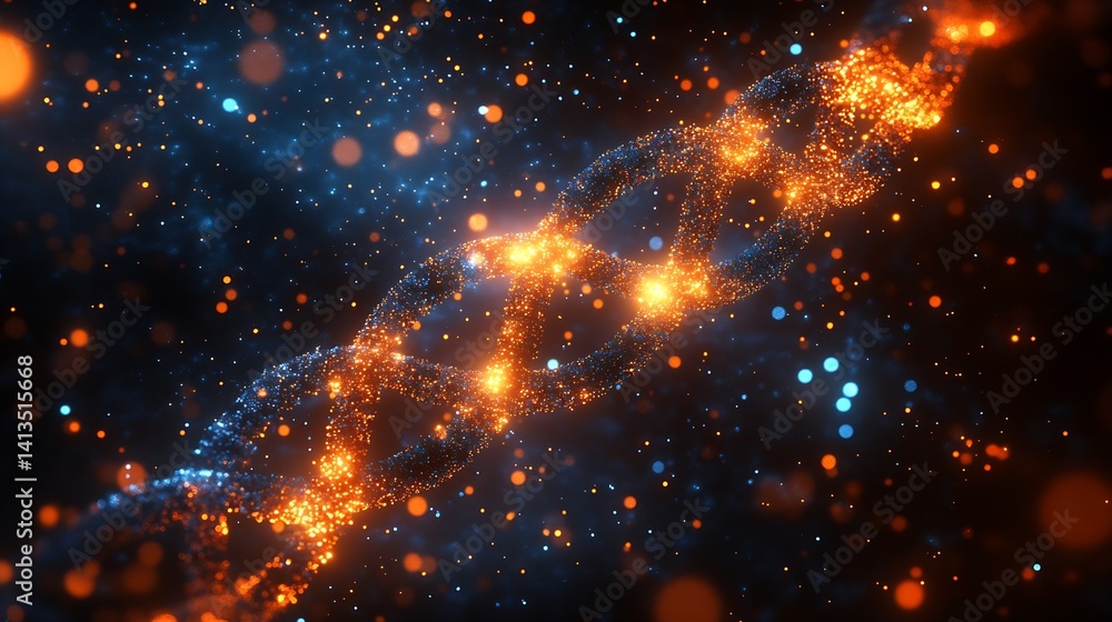 Illuminated DNA double helix surrounded by sparkling particles showcasing creativity and scientific advancement : Generative AI