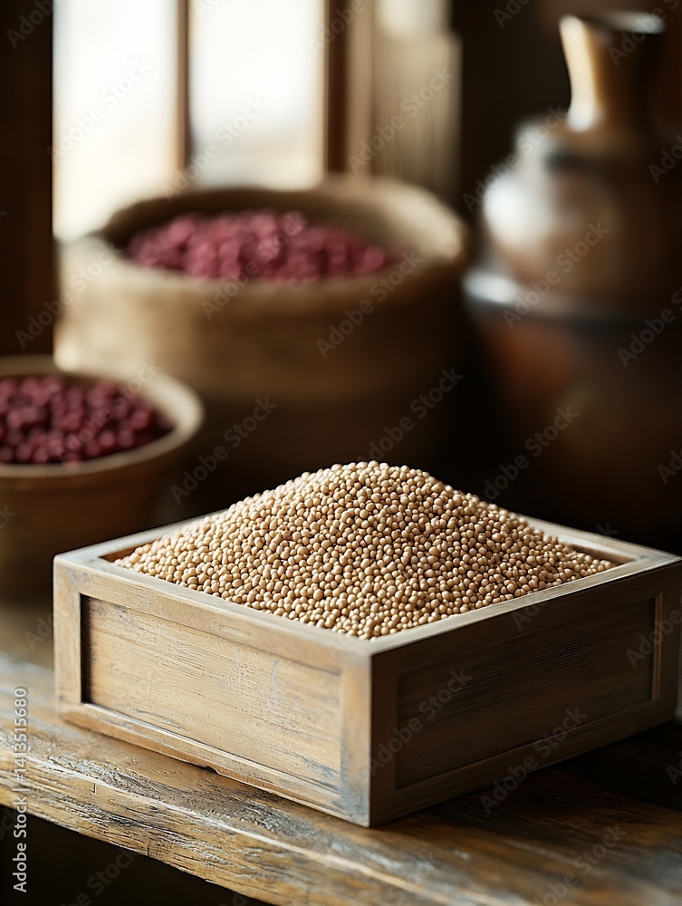 Rustic wooden bowl filled with grain showcases natural beauty of raw ingredients in kitchen : Generative AI